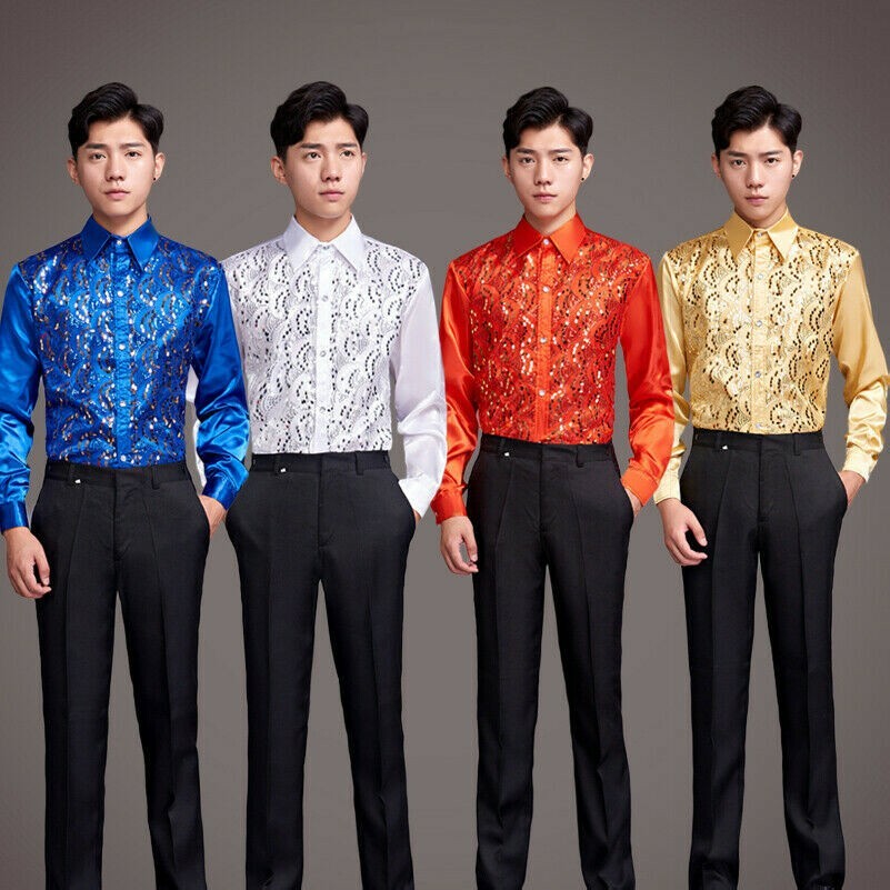 Mens Shiny Silk Like Sequin Long Sleeve Shirt Blouse Top Show Party Wet Look SPW