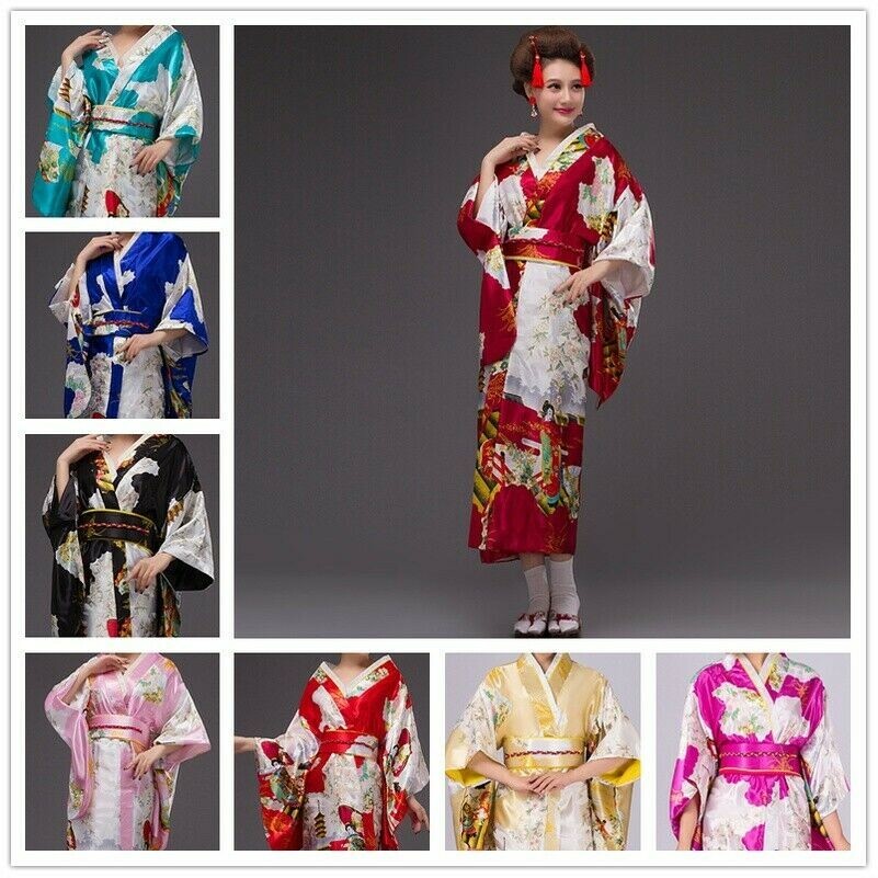 Geisha Satin Kimono Blumenmuster Japanisch Yukata Robe Ethnisch Kostüm Show Ball