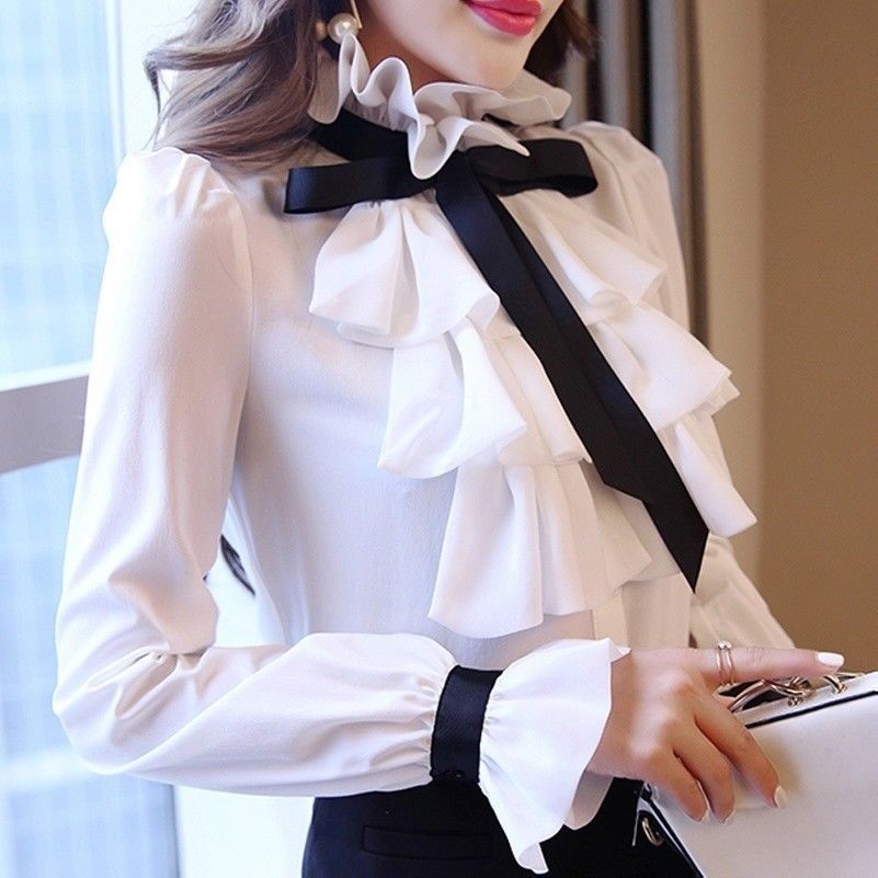 Femme Ébouriffé Haut Chemisier Victorien Vintage Blanc