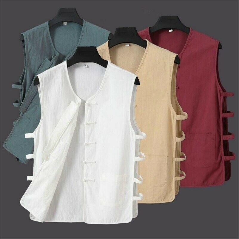 Hommes Gilet Chinois Tang Costume sans Manche T-Shirt Veste Bouton Grenouille