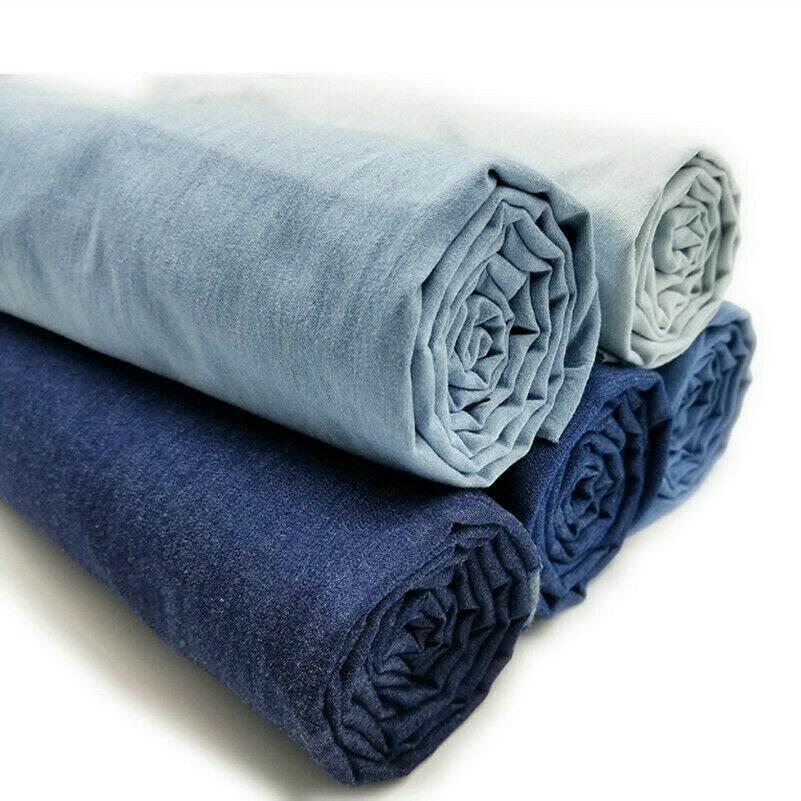 Cotone Lavato Denim Tessuto Tinta Unita Solido Craft 100 150cm Fai Blu Leggero