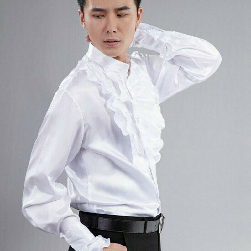 Men's Silky Satin Dress Shirt Tops Ruffle Collar Fancy Stage Costume Victorian