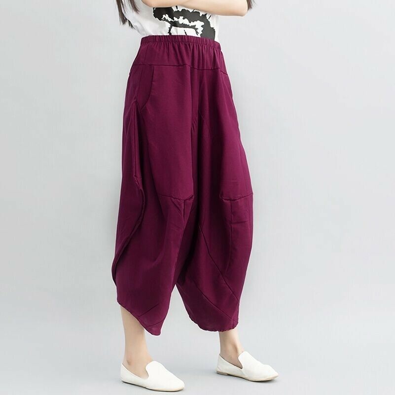 Femmes Mélange de Coton en Vrac Pantalon Sarouel Ethnique Uni Court Boho