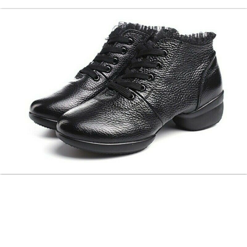 Damen Ballsaal Tanzschuhe Spitze Leder Latein Walzer Tango Weich Laufsohle Black
