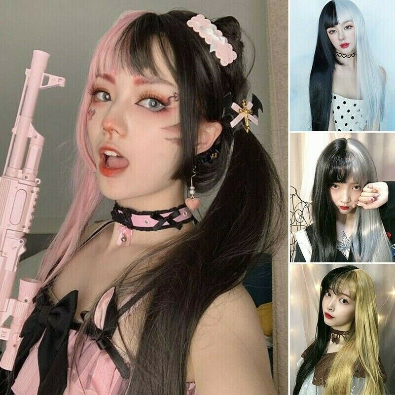 Zweifarbige Perücke Lang Gerade Haar Japanisch Harajuku Lolita Punk Gothic