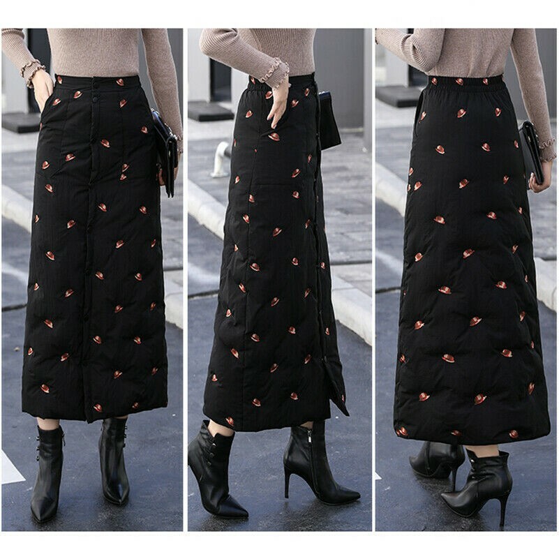 Damen Gepolstert Gesteppt Rock Mittellang Stickerei Schnalle Hoch Bund Slim Warm