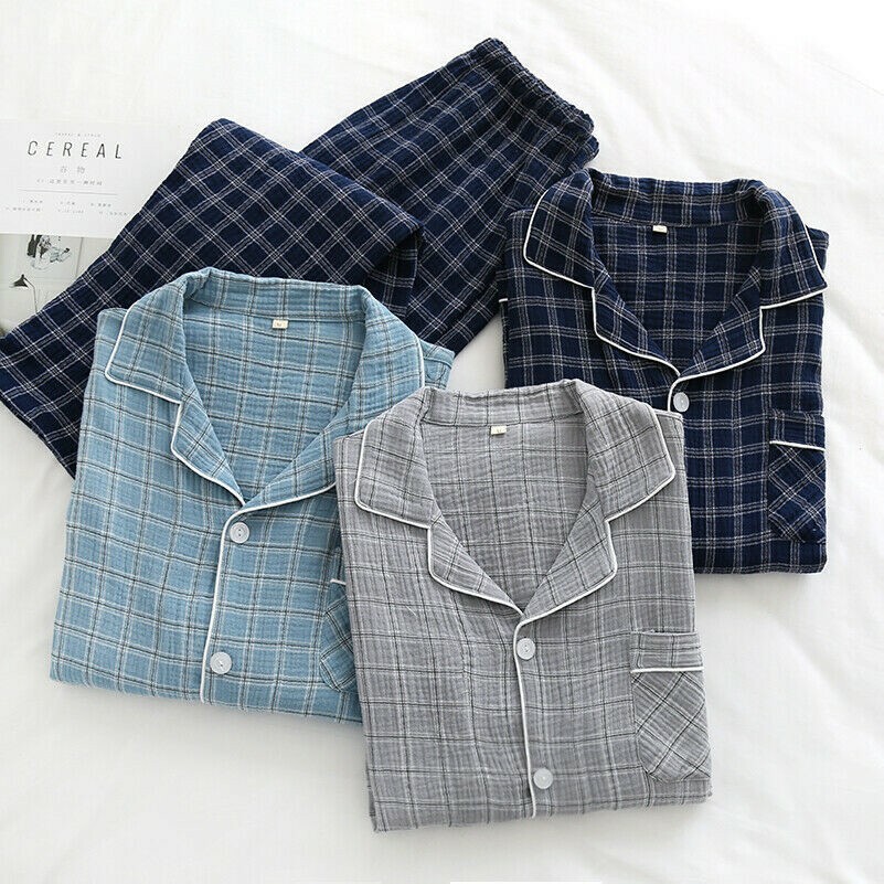 Herren Karierte Baumwolle Nachtwäsche Pyjama Set Japanisch Top Hose