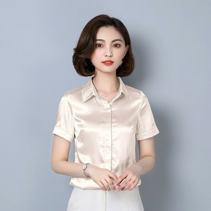 women-short-sleeve-blouse-shirt-top-faux-silk-satin-business-formal-shiny