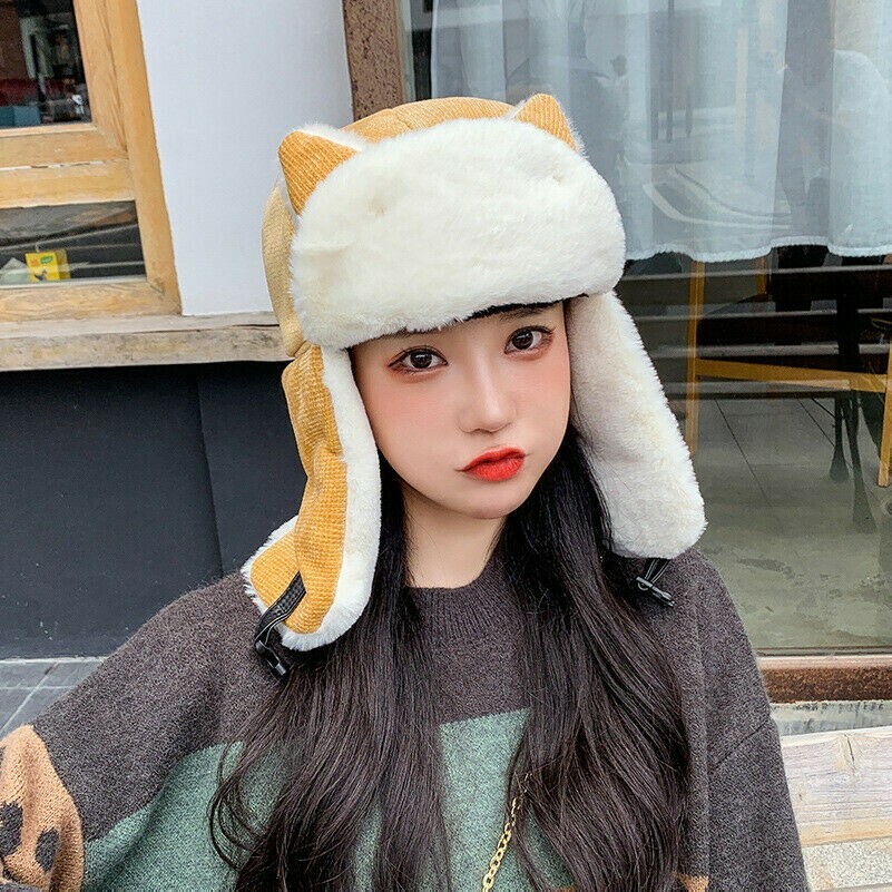 Damen Winter Ushanka Trapper Hut Ohrenklappe Katze Ohr Kord Kunstpelz Warm Ski