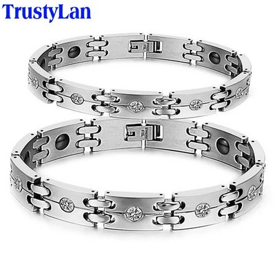 His and Hers 10MM CZ Stainless Steel Magnetic Therapy Bracelet for Couples Gift