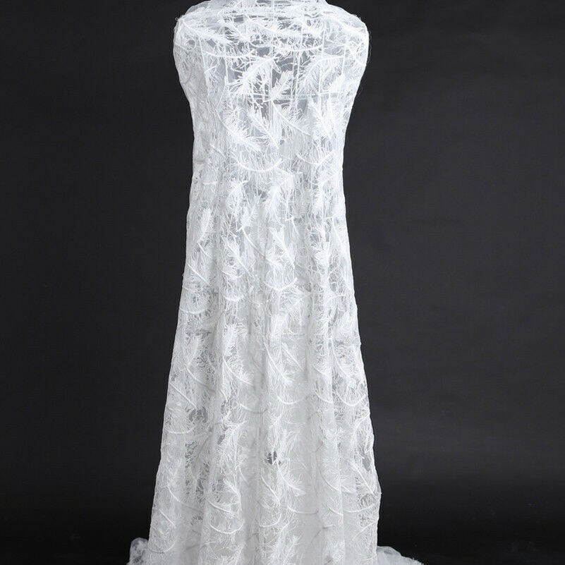 1 Yard White Mesh Fabric Feather Embroidered Tulle Wedding Dress Sewing Material