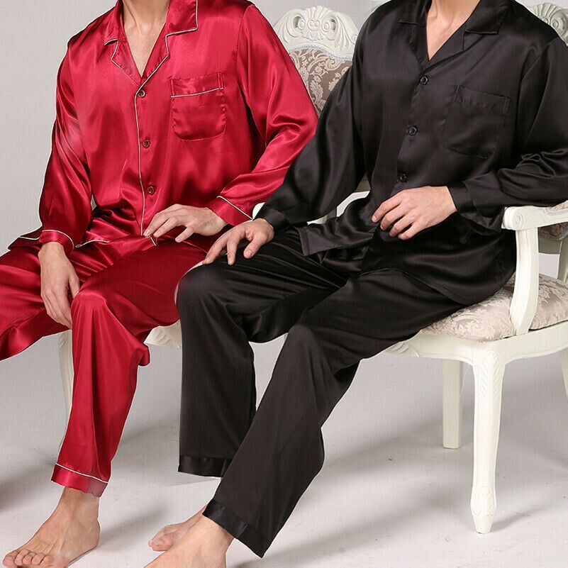 Uomo Set Pigiama Finta Seta Biancheria da Notte Morbido Comodo Raso Camicia