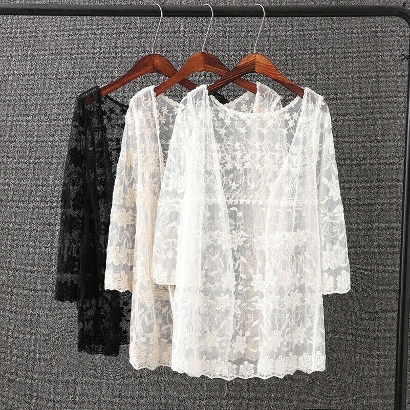 Women Floral Lace Crochet Mesh Cardigan 3/4 Sleeve Kimono Shirt Beachwear Blouse