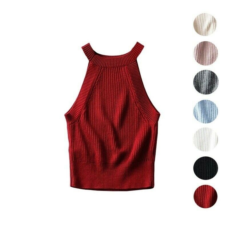 Damen Neckholder Cami Top Bauchfreies Elastisch Strick Party Club Pullover
