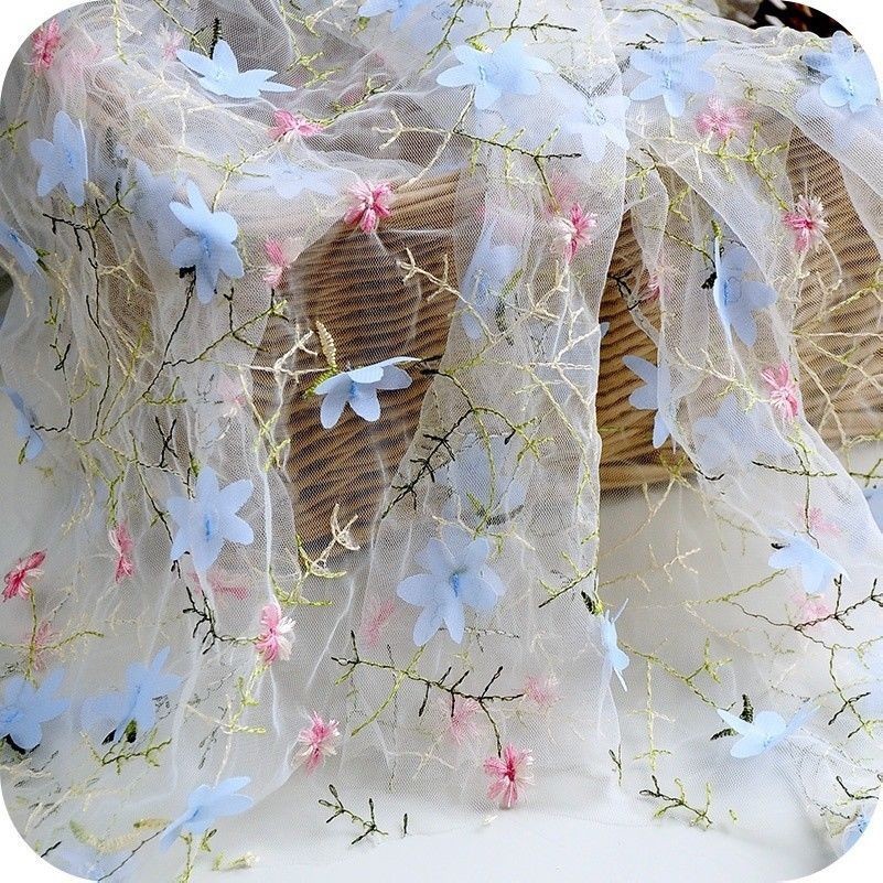 3D Flowers Organza Embroidery Lace Mesh Fabric Material DIY Kids Dress By Meter