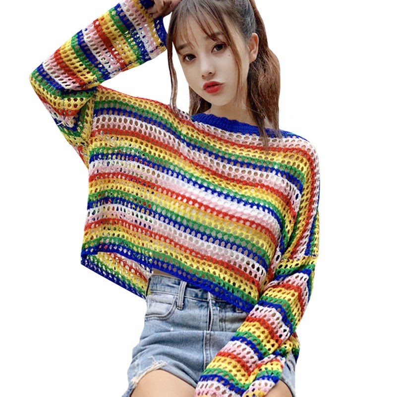 Femme Lolita Rayures Arc en Ciel Haut Tricoté T-Shirt Pull Creusé Chemisier Vrac