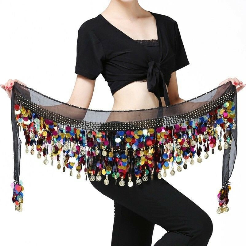 Women's Belly Dance Hipskirt Hip Wrap Scarf Skirt Gold Coin Bead Sequins Belt