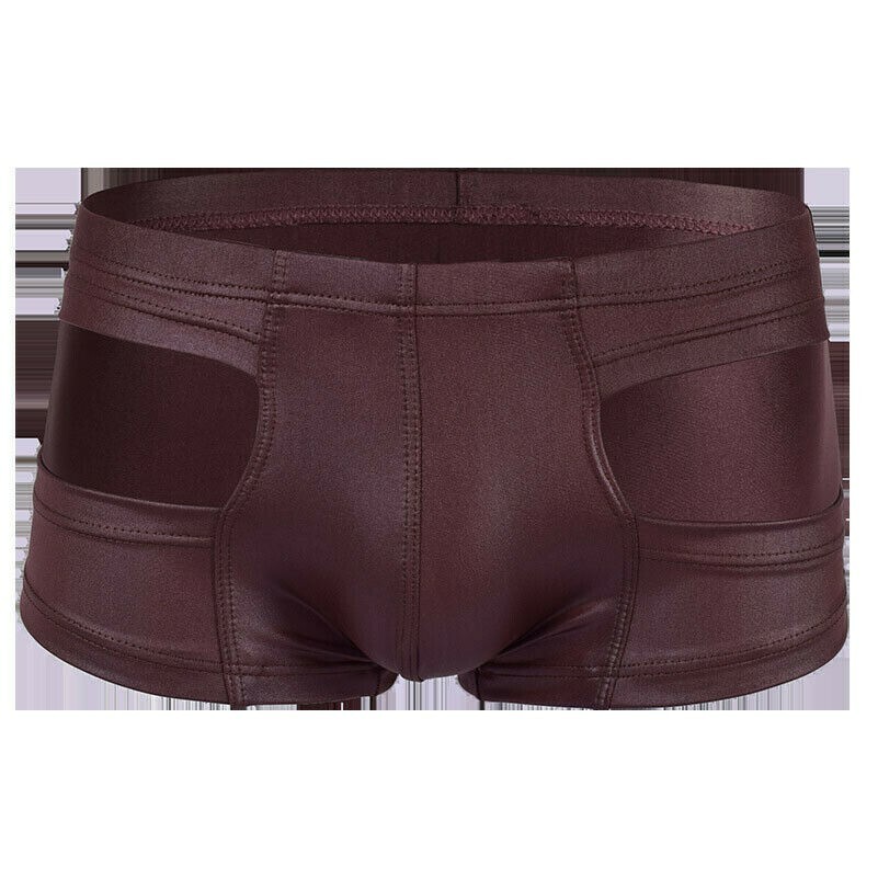 Men Patent Leather Boxers Hollow Out Briefs Shorts Slim Low Waist Underwear