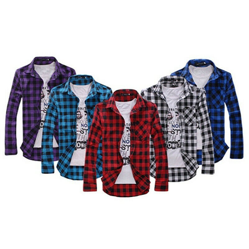 Hommes Chemise à Carreaux Manches Longues à Bouton Bas Haut Chemisier Poche
