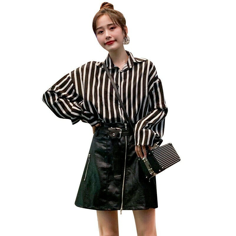 Women Stripe Shirt Faux Leather Skirt Set Zip Front Blouse Dress Belted
