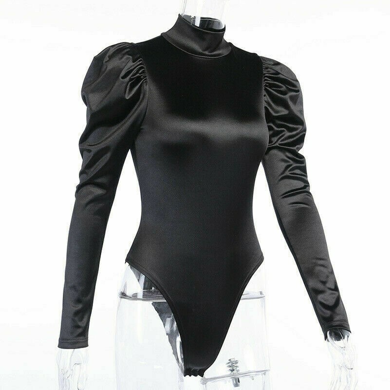 Damen Body Oberteil Overall Lang Puffärmel Rollkragen Club Reißverschluss