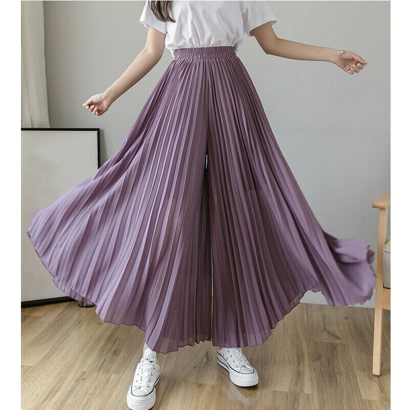 Pantaloni Plissettati Donna In Chiffon A Gamba Larga Flared Culotte Eleganti