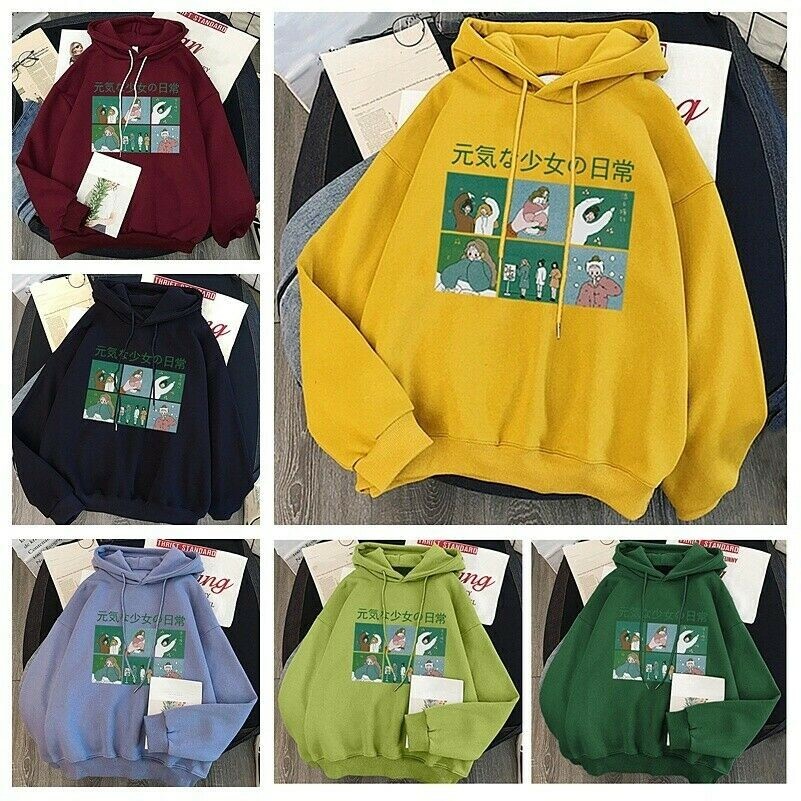 Women Cute Hoodie Pullover Fleece Lined Japanese Kawaii Sweatshirt Winter