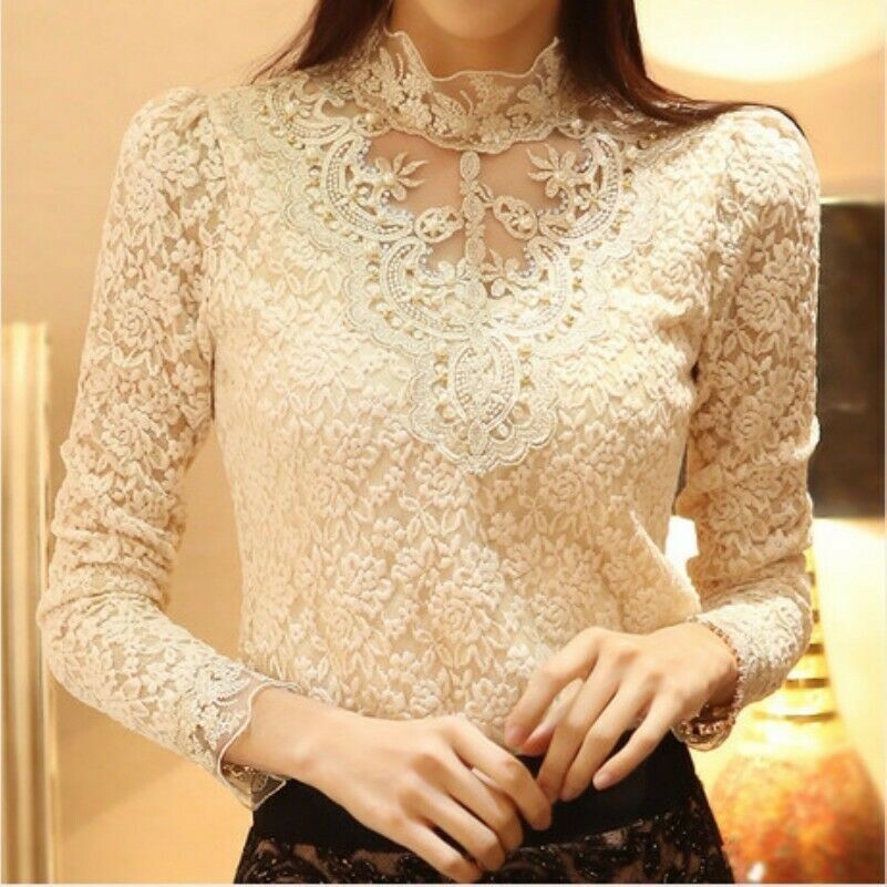 Women Floral Lace Mesh Slim Shirt Blouse Beaded Embroidered Collar Long Sleeve