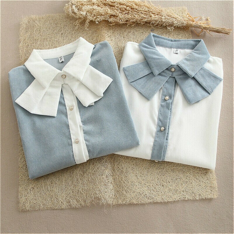 Women Corduroy Blouse Shirt Detachable Bow Tie Faux Pearl Button Top Elegant