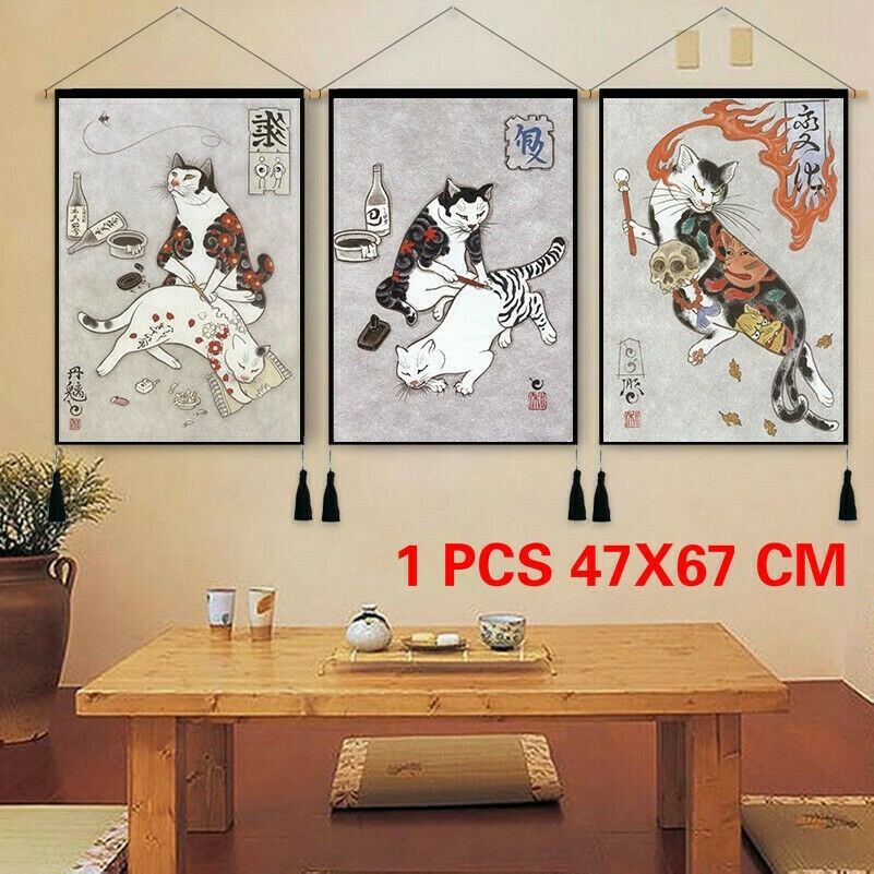 Japanisch Ukiyoe Katze Wandkunst Wandbehang Bedruckt Tapestrys Scrolls Wohndeko