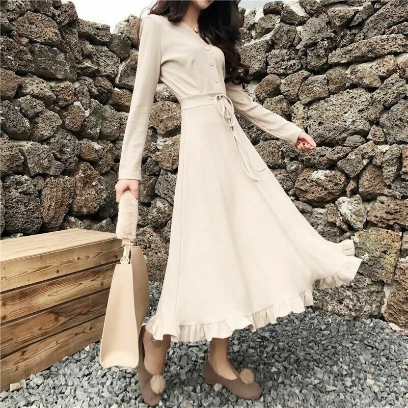 Donna Midi Maglia Abito Manica Lunga Scollo A V Bottoni Allacciate Balze Frangia