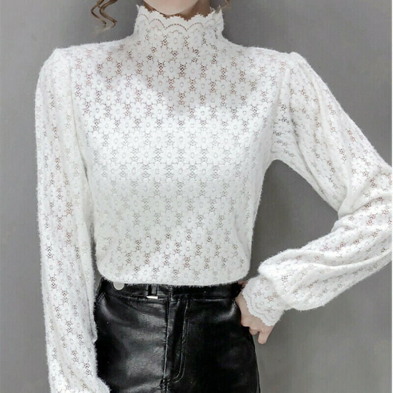 Femme Floral Dentelle Haut Chemisier Manches Ballons Col Roulé Rétro Casual Neuf