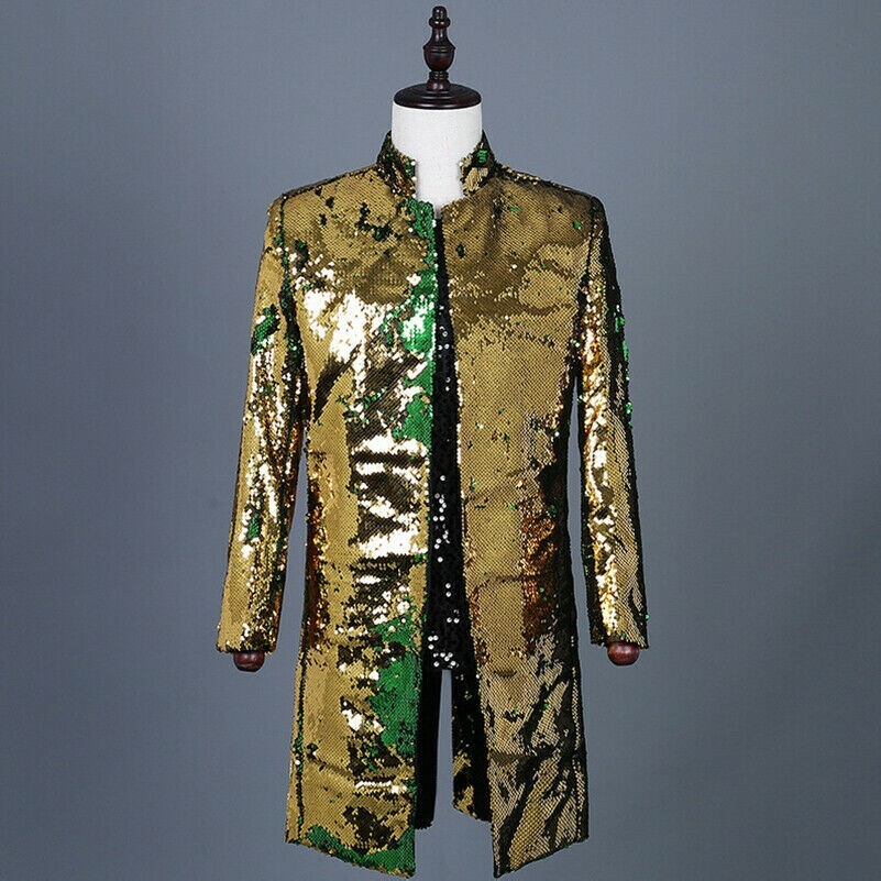 Mens Reversible Two Tone Sequin Longline Jacket Suit Blazer Cabaret Carnival