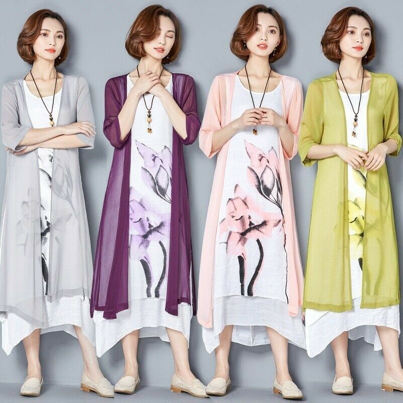 Lady Linen Loose Chinese Floral Dress+Kimono Sun Protection Coat Cardigan Tribal