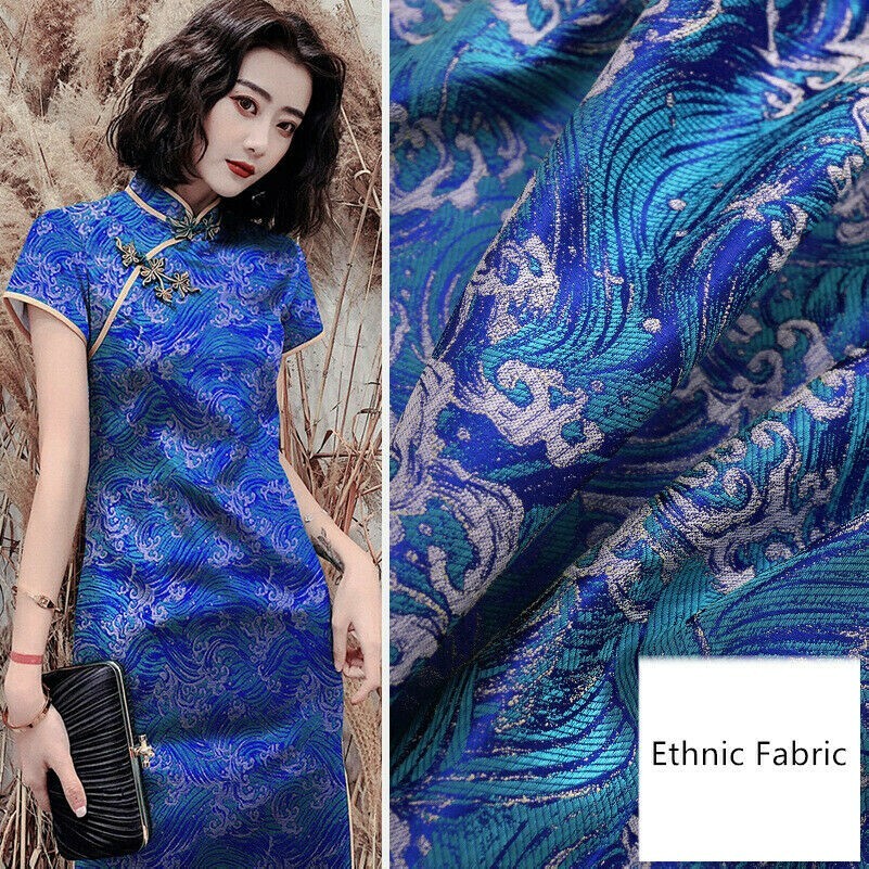 Ethnic Fabric Sea Wave Satin Damask Brocade Faux Silk Japanese Retro DIY