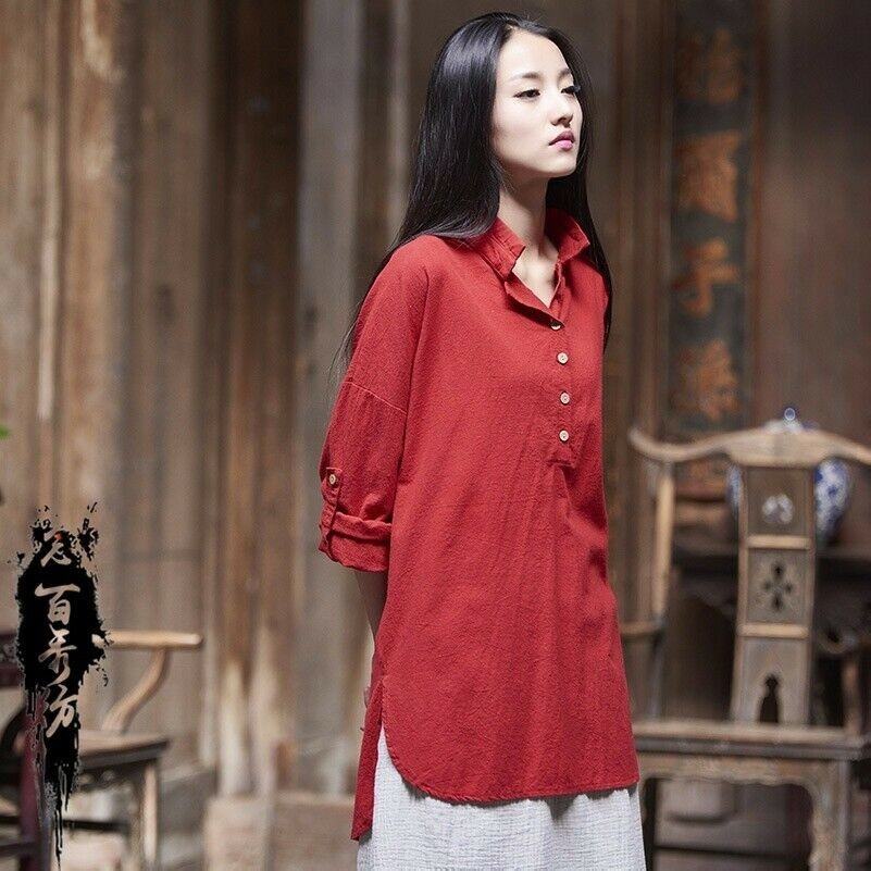 Camicia Lunga In Lino Cotone Per Donne Con Collo Alla Mandarin, Casual E Vintage