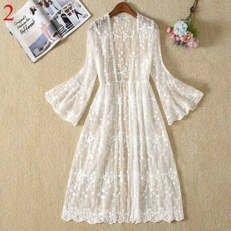 Femme Blanc Manteau Long Veste Cardigan Évasé Manche Pur Protection Soleil Plage