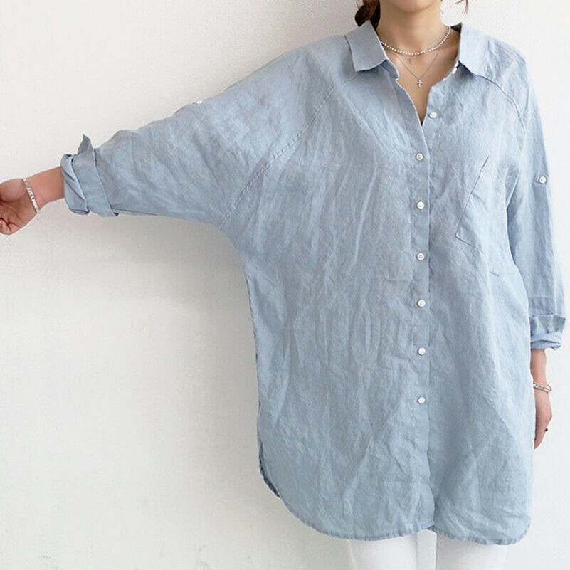 Womens Linen Look Oversize Longline Shirt Loose Boyfriend Style Blouse Top