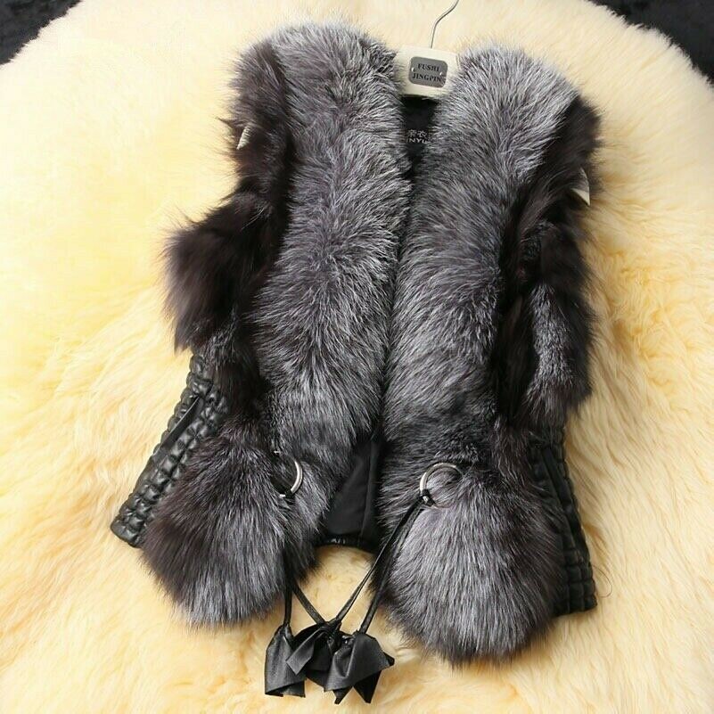 Women PU Leather Waistcot Faux Fur Gilet Sleeveless Jacket Vest Winter Warm