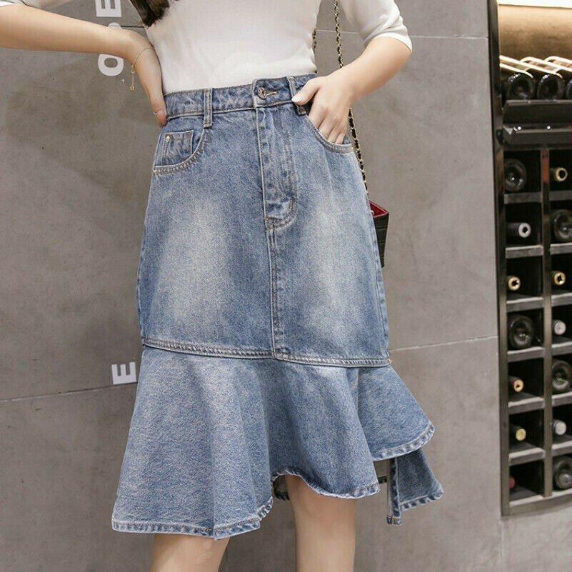 Damen Unregelmäßig Meerjungfrau-Linie Jeansrock Hohe Taille Flare Kurz Elegant