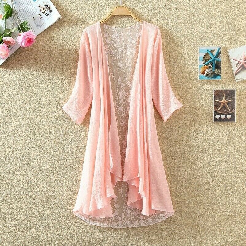 Women Linen Cotton Duster Coat Mesh Net Floral Pleated Hem Summer Loose Cardigan