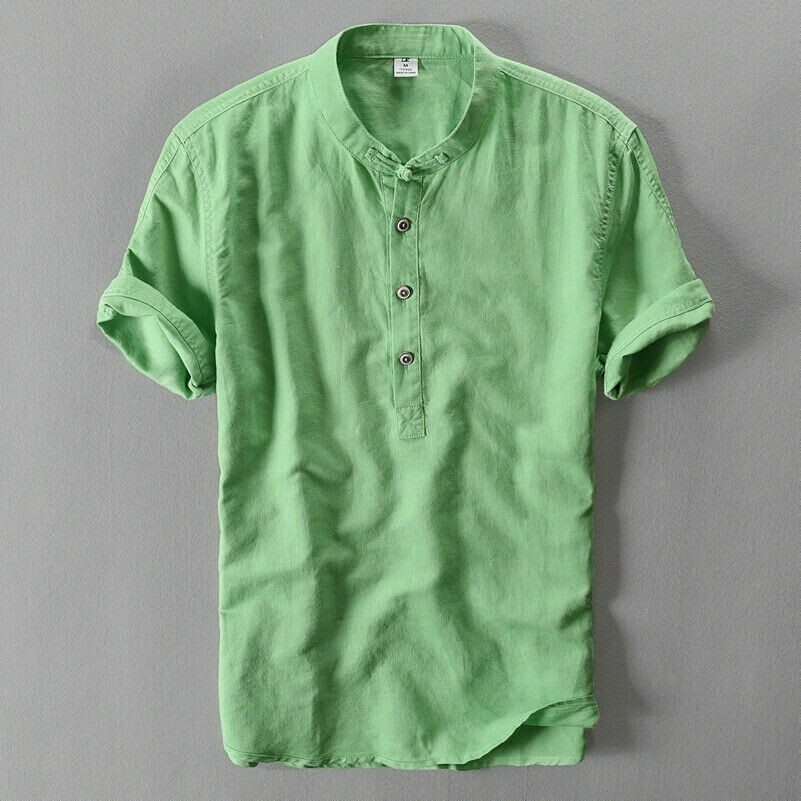 mens-linen-short-sleeve-henley-neck-tshirt-mandarin-collar-top-tee-shirt