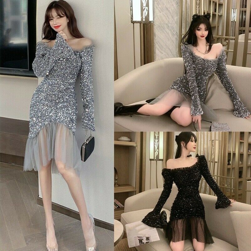 Women Sequin Dress Mesh Patchwork Ruffle Frill Bodycon Clubwear Sexy Shiny