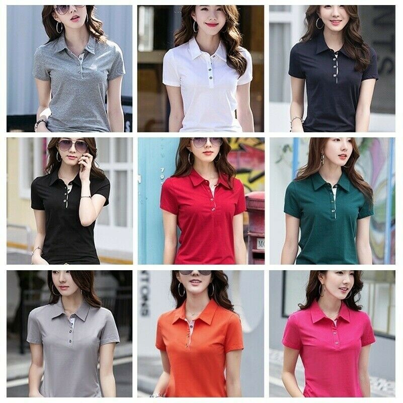 Womens Shirt Short Sleeve Formal Work Top Turn Down Collar Henley Button
