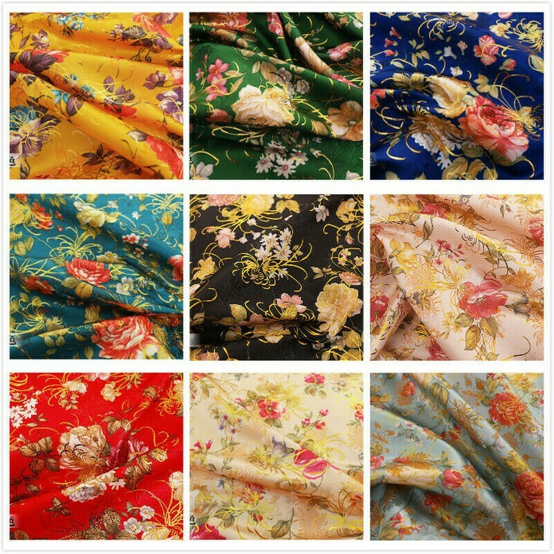 Peony Floral Brocade Damask Fabric Silk Satin Kimono Furnishing By Metre