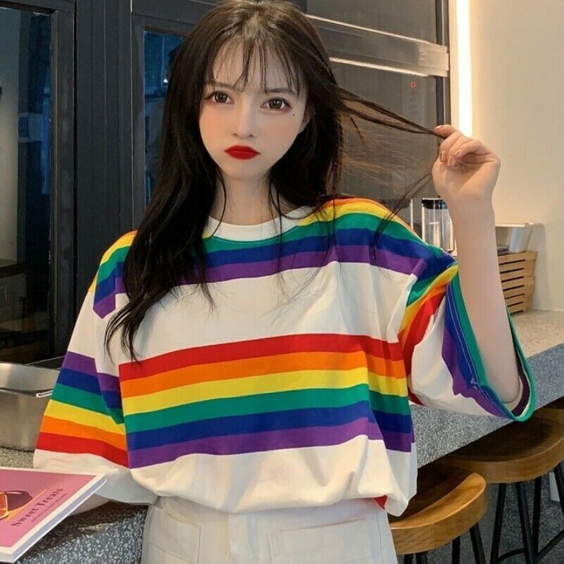 Damen Rainbow Gestreift T-Shirt Oberteile Locker Kurzärmel Harajuku Hip Hop