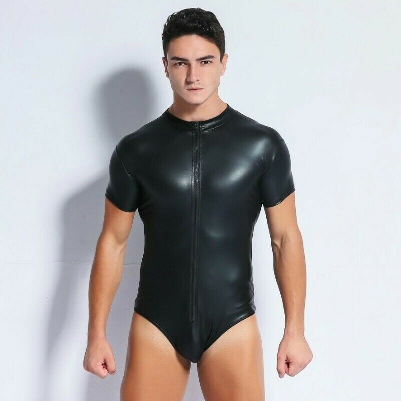 Men Faux Leather Bodysuit Leotard Catsuit Romper Tops Party Club Black Sexy SPW