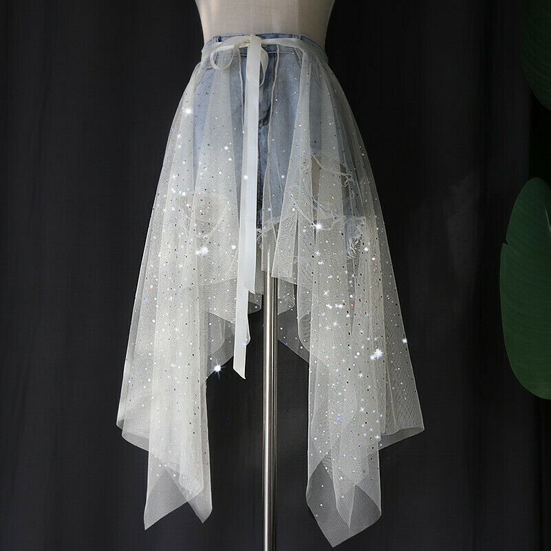 Lady Mesh Sequin Wrap Skirt Sheer Sarong Beach Tulle Asymmetric Transparent Chic