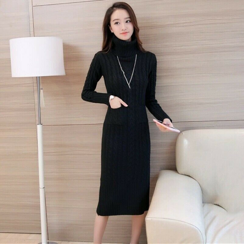 Abito Maglione Da Donna Tricot A Spacco Midi Manica Lunga Collo Alto Caldo