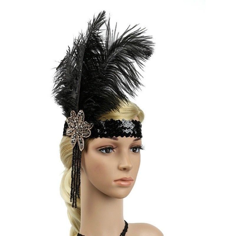 Années 1920 Plume Noire Paillettes Serre-Tête Style Garçonne Mariage Coiffure